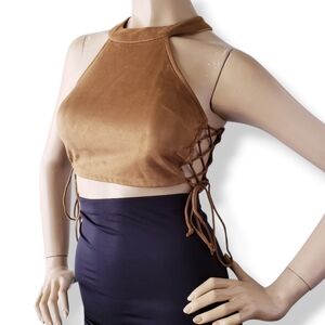 Wildcat Camel Faux Suede Side Lace Up Crop Top Size Small